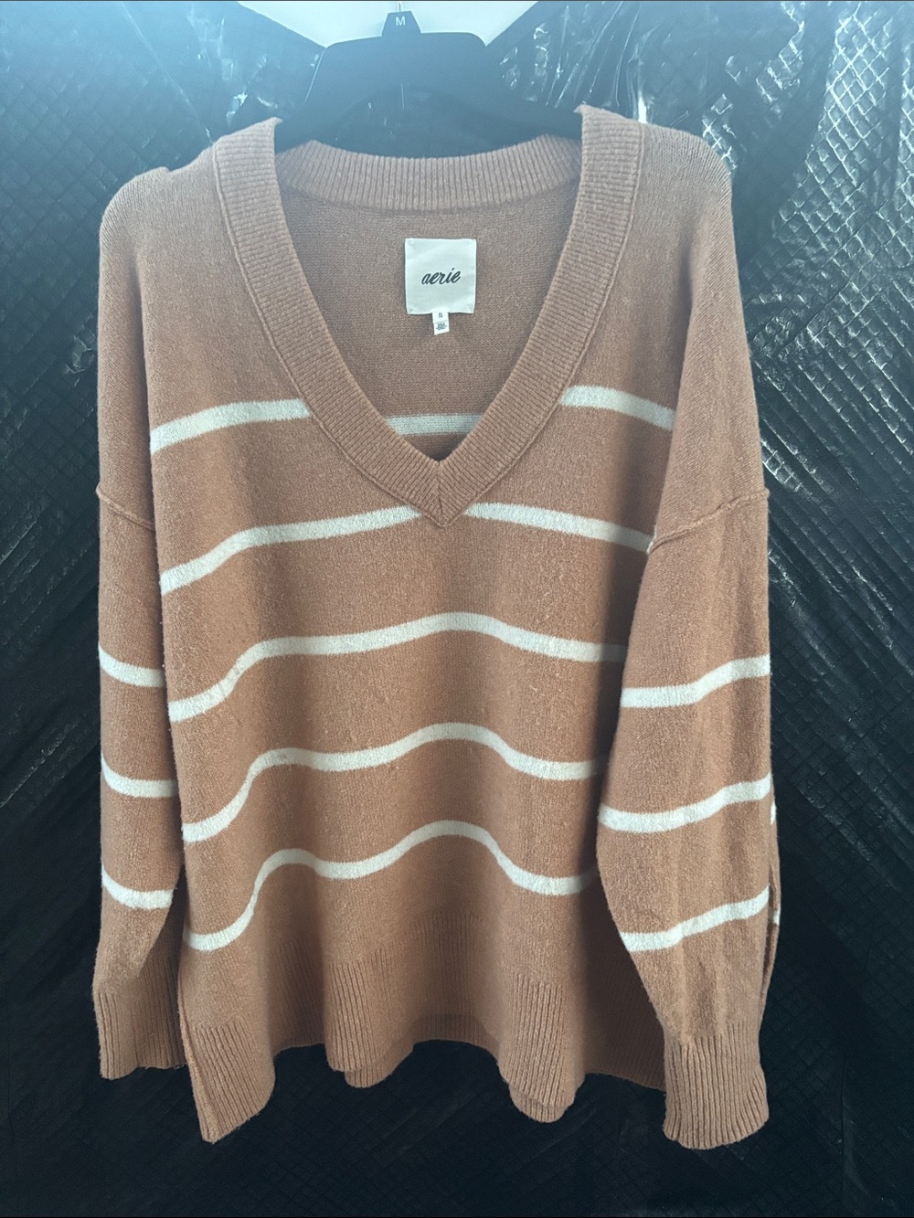 aerie V-Neck Striped Sweater in Brown and White